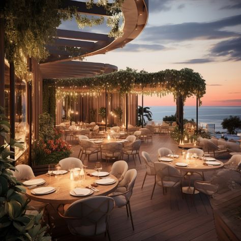 An impressive restaurant design, modern and minimally designed, with interior garden, sea view Restaurant Pool Design, Garden Restaurant Design Outdoor, Poolside Restaurant, Luxury Resort Interior, Restaurant By The Sea, Tropical Restaurant, Sea Restaurant, Forest Restaurant, Ocean Restaurant