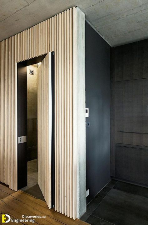 41+ Invisible Eye Catching Interior Doors | Engineering Discoveries Bathroom Door Ideas Modern, Mid Century Modern Room Dividers, Hidden Doors In Walls, Space Saving Toilet, Invisible Doors, Modern Room Divider, Sliding Wall, Bathroom Inspiration Modern, Transitional Decor Kitchen