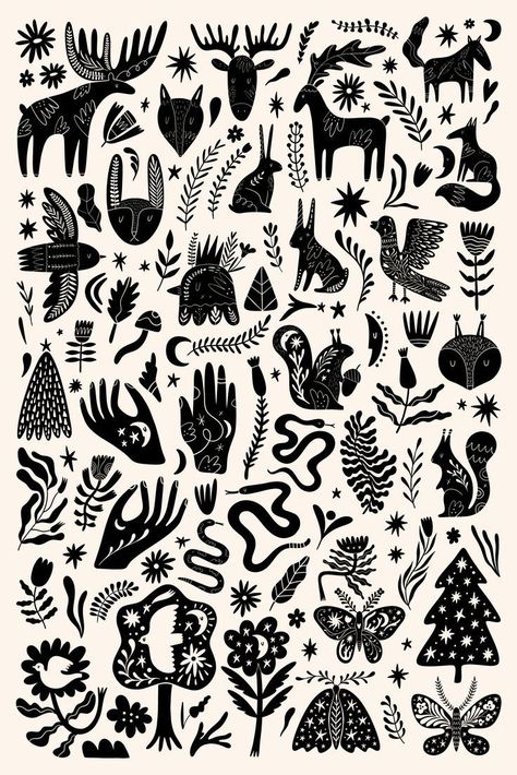 Woodland Bundle Scandinavian Folk Tattoo, Wood Print Tattoo, Folk Art Illustration Patterns, Lino Print Style Tattoo, Folk Tattoo Indie, Illustrative Wolf Tattoo, Linocut Tattoo, Folk Wolf Tattoo, Forest Pattern Illustration