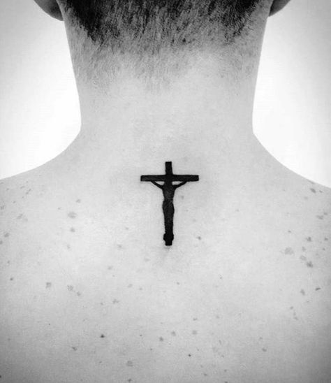 Black Ink Jesus On The Cross Simple Guys Upper Back Tattoo Ideas Crucifix Tattoo, Christus Tattoo, Small Cross Tattoos, Simple Cross Tattoo, Tattoo Son, Upper Back Tattoos, Cross Tattoo For Men, Cross Tattoo Designs, Jesus Tattoo