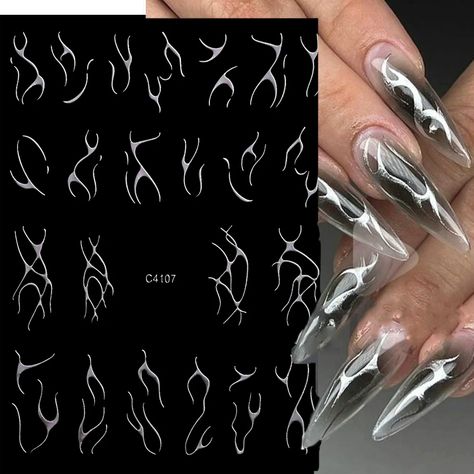 0.99US $ 25% OFF|Bronzing Metal Gold Silver Flame 3D Nail Stickers Y2K Tribal Fire Design French Decal With Wavy Line Holographic Flame Slider| |   - AliExpress Nails With Silver Lines, Flame Nails, Aliexpress Finds, Dark Red Nails, Fire Design, Chrome Nail Art, Fire Designs, Y2k Nails, Silver Line