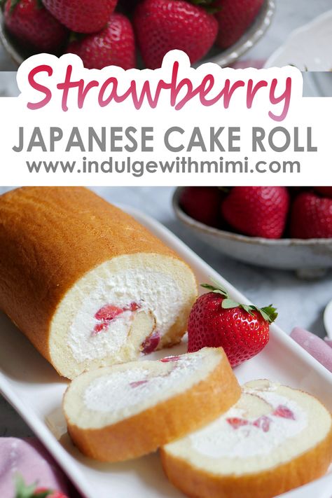 strawberry cake roll with two slices cut open with strawberries in the back. Japanese Cake Roll, Desserts Japonais, Strawberry Roll Cake, Swiss Cake, Japanese Cake, Cake Roll Recipes, Japanese Dessert, Strawberry Cream, Asian Desserts