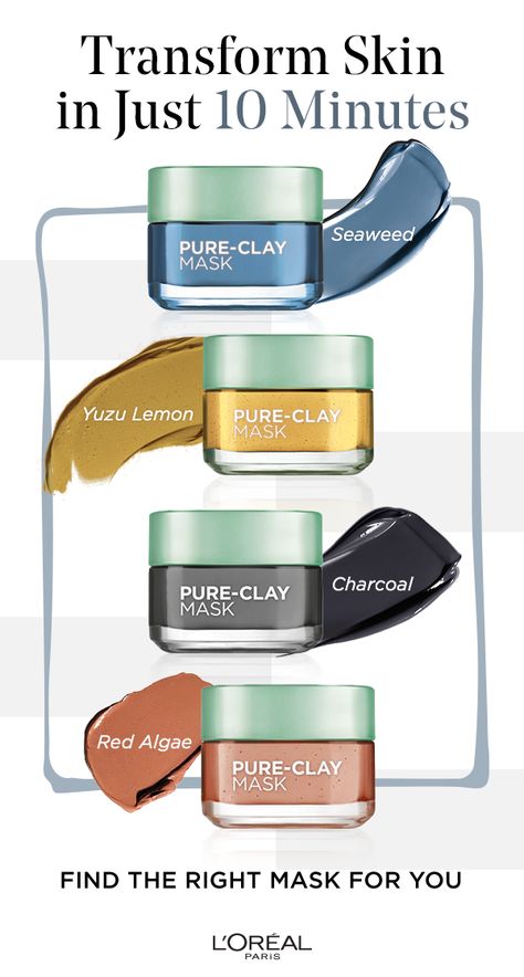 The four Pure Clay masks from L'Oreal Paris.  Seaweed clears and comforts. Yuzu Lemon clarifies & smooths. Charcoal detoxes and brightens and Red Algae refines & exfoliates. Home Face Mask, Paris Skincare, Oils For Scars, Mask At Home, At Home Face Mask, Drugstore Skincare, Red Algae, Clay Face Mask, Clay Face