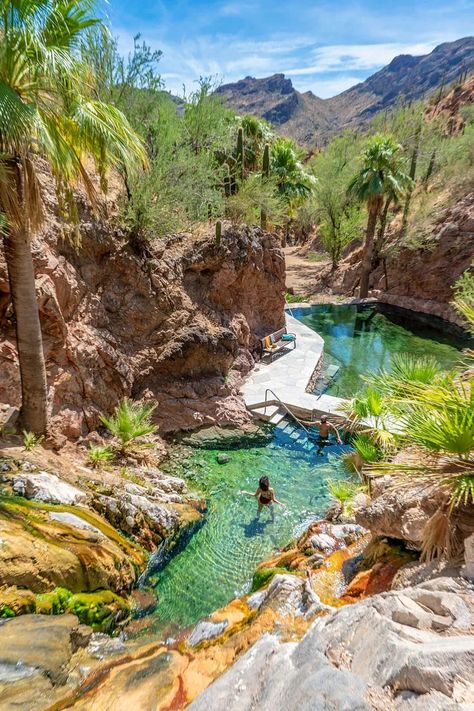 Castle Hot Springs, Arizona | From comfortable resorts that revolve around effervescing pools of hot water surging up from underground to remote hot springs that require you to snowmobile or dogsled in for the reward, the US is home to some of the most diverse spots on the planet for a natural soak outside. Hot Springs In The Us, Colorado Springs Vacation, Arkansas Vacations, Iron Mountain, Hot Springs National Park, Spring Resort, Spring Nature, Dog Sledding, Travel Goals