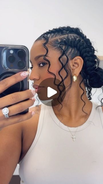 Four French Braids Hairstyles, Cornrows With Boho Curls, Pool Hairstyles For Black Women, Cute Quick Hairstyles With Braiding Hair, Up Do Braids For Black Hair, Bohemian Braided Bun, Two Boho Feed In Braids, Women Cornrow Hairstyles, 4 Boho Feed In Braids