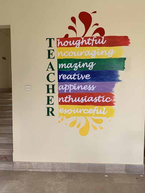 Cork Board Decorating Ideas Classroom, Decorative Classroom Ideas, Staffroom Decorations Ideas, Drawings For School Notice Board, Teachers Day Room Decoration Ideas, Softboard Ideas School, Educational Wall Painting For School, Classroom Wall Painting Ideas High Schools, Teacher Full Form