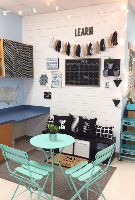 Home sweet classroom #classroomdecor #fakeshiplap #fauxshiplap #teachertribe #flexiblelearning Teacher Desk Organization, Banner Inspiration, Classroom Goals, Classroom Makeover, Classroom Layout, Classroom Decor Themes, 4th Grade Classroom, Teacher Desk, Custom Desk