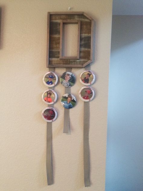 Sports Button holder I made today.  Finally I have a way to display all my boys sports buttons. Sport Buttons Display, Photo Button Display Ideas, Sport Button Display Ideas, Sports Button Display Ideas, Sports Pictures Display, Button Display, Button Clothes, Baseball Ideas, Button Embroidery