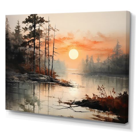 Nature Canvas Painting, Canvas Art Painting Abstract, Large Landscape Painting, Beautiful Landscape Paintings, Lake Painting, Beautiful Art Paintings, Misty Morning, Boat Art, Landscape Paintings Acrylic