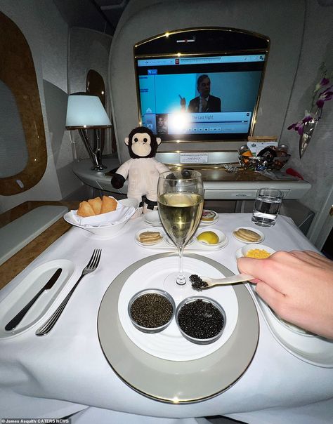 Mr Asquith said: 'I won't fly private because I don't find it responsible, I actually prefer commercial - it reminds me of where I came from' (Pictured: Mr Asquith enjoying caviar in Emirates Airlines first class with his toy monkey) Emirates Flights, Wagyu Steak, Airplane Food, Airline Food, Plane Food, Emirates Airline, Singapore Airlines, Steak Dinner, Jet Setter