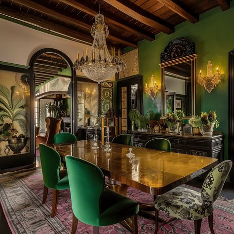 Elegant Green Maximalist Dining Area [Room Inspiration] Green Dining Room Tables, Artistic Dining Room, Vintage Maximalist Dining Room, Jewel Tone Dining Room, Blue Green Dining Room, Maxamilist Interior, Emerald Green Dining Room, Maximalist Dining Rooms, Dark Green Dining Room