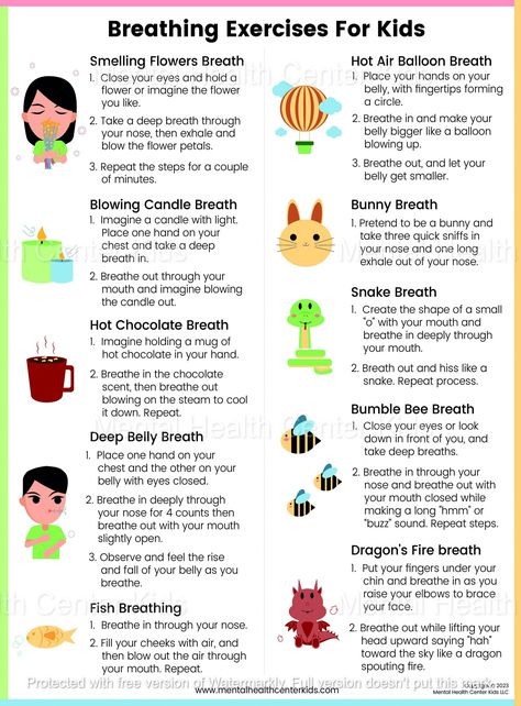 Breathing Exercises (PDF) – Mental Health Center Kids #NutritionTips #Understanding #HealthyLiving #HealthyLifestyle #Mental #Wellbeing #FitnessTips #HealthTips #Nurturing #Health #Emotional #FitLife Breathing For Kids, Breathing Exercises For Kids, Exercises For Kids, Calming Techniques, Mental Health Center, Deep Breathing, Calming Activities, Child Therapy, Mindfulness For Kids