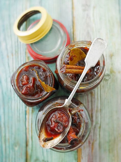 Plum chutney recipe with cinnamon | Jamie magazine recipe Plum Chutney Recipe Indian, Plum Chutney Recipe, Plums Recipes, Plum Chutney Recipes, Plum Recipe, Plum Chutney, Magazine Recipe, Canned Plums, Fakeaway Recipes