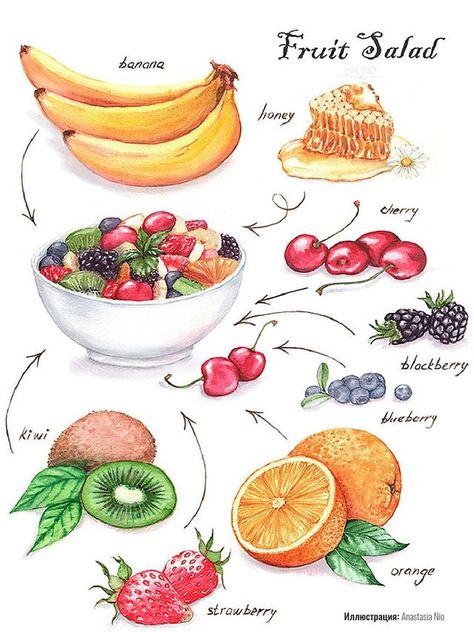 Salad Drawing, Fruit Salad Ingredients, Watercolor Food Illustration, Recipe Drawing, Food Doodles, Food Sketch, 6 September, Watercolor Food, Makanan Diet