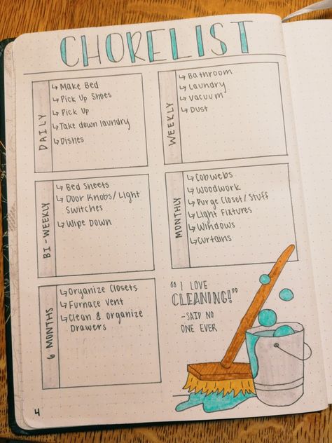 Chore Chart - bullet journal Chores Journal Ideas, Cute Lists Bullet Journal, Bujo Chore Tracker, Bullet Journal Chore Tracker, Chore Chart Ideas Diy, Bullet Journal To Do List Layout, Bullet Journal List Ideas, Bullet Journal To Do List, Cleaning Journal