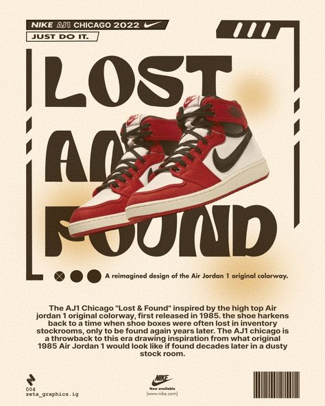 Sneaker Posters Vintage, Jordan Sneaker Poster, Jordan Posters Shoes, Clothing Design Aesthetic, Nike Lost And Found, Poster Nike Vintage, Nike Poster Aesthetic, Nike Print Design, Sneaker Poster Graphic Design