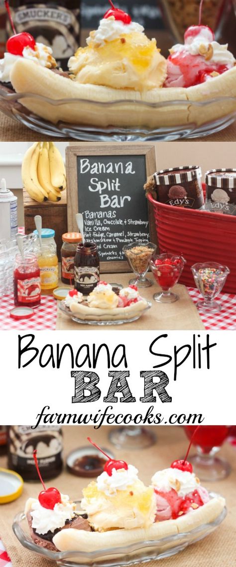 Party Food Bar Ideas, Banana Split Bar, Food Bar Ideas, Party Food Bars, Banana Party, Party Food Bar, Ice Cream Sundae Bar, Sundae Bar, Food Bar