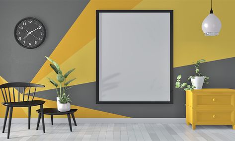 Yellow and grey converging triangle wall paint patterns looks mesmerising against the light wooden floor. Geometric Wall Designs, Geometric Wall Painting, Geometric Wall Design, 70 Bedroom, Painting Design Ideas, Geometric Wall Paint, Wall Paint Patterns, Wall Painting Ideas, Home Wall Painting