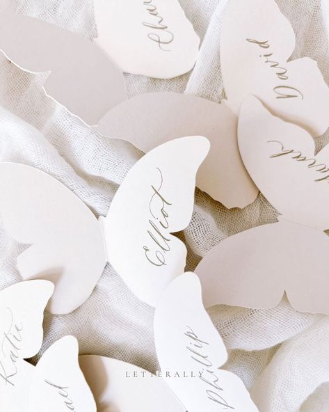 The delicate shape of a butterfly is naturally beautiful and matches well with the natural beauty of a garden theme🦋 Butterflies are… | Instagram Butterfly Place Cards, Butterfly Place Setting, Butterfly Wedding Invites, Butterfly Shaped Invitations, Butterfly Name Cards Wedding, Butterfly Wedding Favors, Butterfly Place, Calligraphy Wedding Stationery, Calligraphy Name