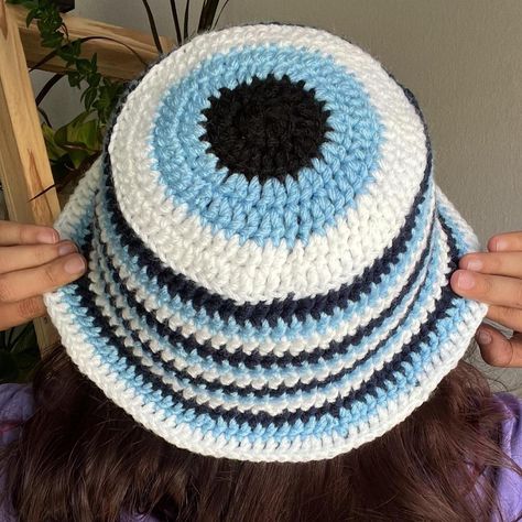 Evil eye Crochet bucket hat. ✨ FREE SHIPPING... - Depop Evil Eye Bucket Hat Crochet, Evil Eye Crochet, Eye Crochet, Festival Hats, Bucket Hat Crochet, Crochet Festival, Crochet Bucket, Festival Hat, Crochet Bucket Hat