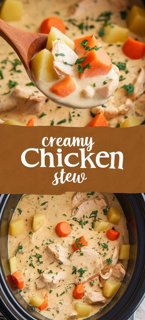 This Creamy Chicken Stew is a one-pot wonder! Loaded with tender chicken, vegetables, and a creamy broth that’s as comforting as it is delicious. Chicken Broth Casserole Recipes, Creamy Chicken Stew Crockpot, Creamy Chicken Stew Recipe, Recipe With Chicken Broth, Chicken Curry Stew, Chicken Stew With Potatoes, Crockpot Chicken Stew, Creamy Chicken Curry, Creamy Chicken Stew