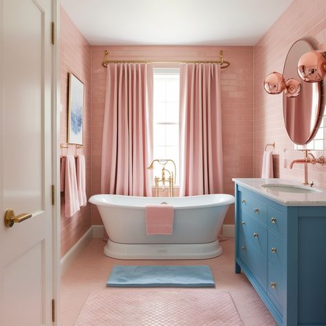 19 Stunning Pink and Blue Bathroom Ideas to Brighten and Transform Your Space - Style Zuri Girly Bathroom Aesthetic, Pink And Blue Bathroom, Blush Pink Bathroom, Pink Bathroom Vintage, Blue Bathroom Ideas, Vibrant Bathroom, Soft Blue Walls, Colorful Bathrooms, Blue Mosaic Tile