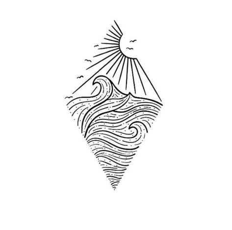 Waves In Triangle Tattoo, Ocean Line Art Tattoo, Ocean Soul Tattoo, Geometric Sun Tattoo Design, Sun And Ocean Tattoo, Small Beach Tattoo, Nz Tattoo, Fearless Tattoo, Small Beach Tattoos