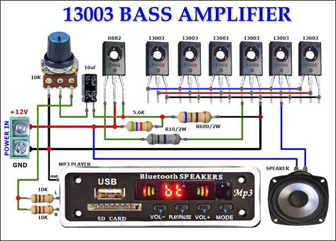 13003 Bass Amplifier Circuit Diagram Amplifier Circuit Diagram, Electronics Projects For Beginners, Diy Amplifier, Electronic Circuit Design, Subwoofer Amplifier, Subwoofer Box, Electronic Circuit Projects, Stereo Amplifier, Car Audio Systems