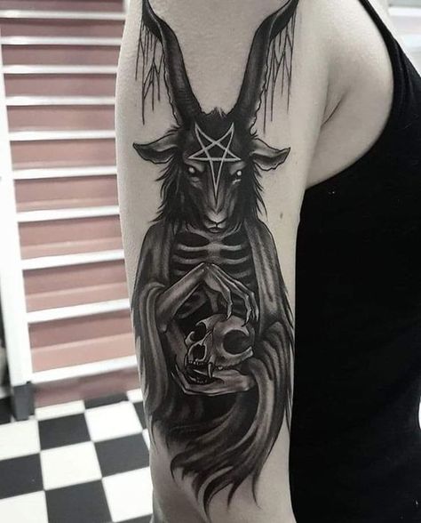 Goat Back Tattoo, Satanic Goat Tattoo, Tattoo Dark Gothic, Goat Tattoos, Baphomet Tattoo, Tattoo Goat, Chest Neck Tattoo, Goat Tattoo, Satanic Goat