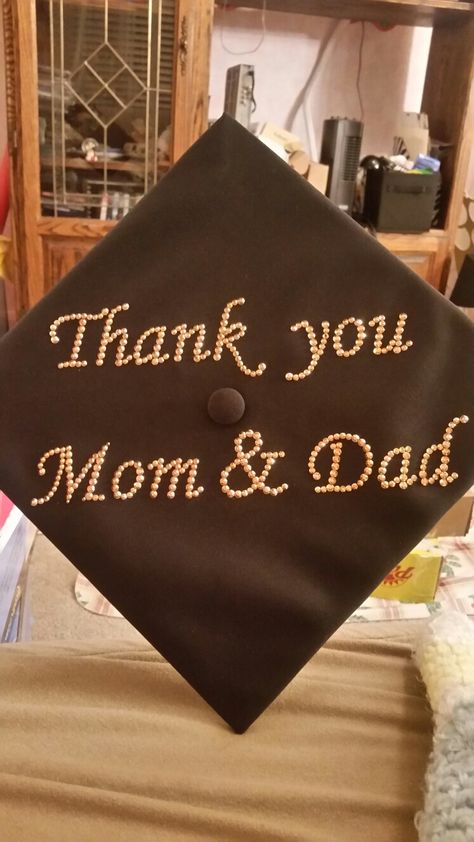 Thank you mom and dad grad cap Thanks Mom And Dad Graduation Cap, Grad Caps College, Grad Cap College, Rhinestone Graduation Cap, Genius Hour Projects, Grad Hats, Caps Ideas, Graduation Look, College Graduation Cap Decoration