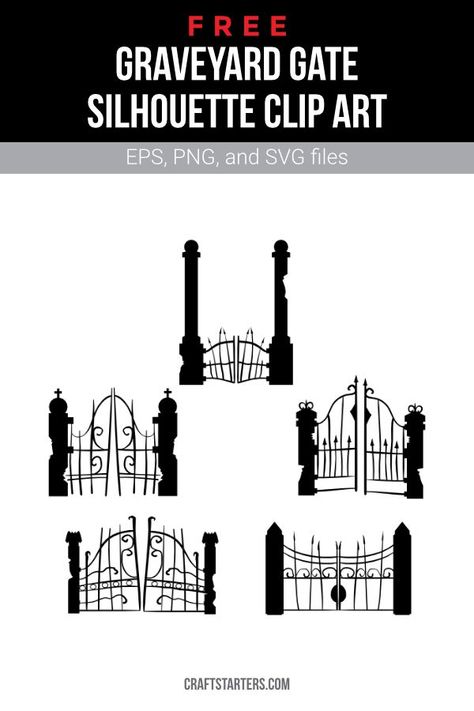 Grave Yard Silhouette, Addams Family Silhouette, Goth Printables, Cemetery Silhouette, Gate Silhouette, Graveyard Silhouette, Graveyard Gate, Stingy Jack, Graveyard Tattoo