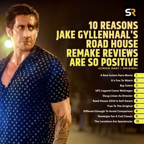 #RoadHouse 2024 is rating better than its 1989 predecessor on Rotten Tomatoes. 🍅 The movie stays true to the original concept but introduces modern elements to the storyline while #JakeGyllenhaal and #ConorMcGregor lead a talented cast. 🎬 Roadhouse 2024, Billy Magnussen, Kevin Tighe, The Bourne Identity, Edge Of Tomorrow, Best Action Movies, Jessica Williams, Road House, Hero Movie