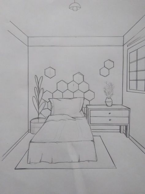 Drawing Of A Room, One Point Perspective Drawing, House Design Drawing, Interior Design Sketchbook, Interior Architecture Drawing, One Point Perspective, Interior Design Drawings, Interior Design Sketches, Seni Dan Kraf