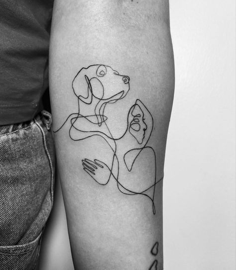 Dog tattoo girl forearm Animal Tattoos For Couples, Fine Line Dog Paw Print Tattoo, Line Tattoo Minimalist, Line Dog Tattoo, Finn Tattoo, Fine Line Dog Tattoo, Dog Tribute Tattoo Small, Kai Tattoo, Enrichment Dog