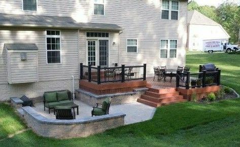 Pin by Elizabeth Brown on Mom | Patio, Backyard patio designs, Patio deck designs Deck Patio Combo, Deck And Patio Combo, Stamped Concrete Patio Designs, Backyard Upgrades, Elizabeth Brown, Front Yard Patio, Deck And Patio, Backyard Patio Deck, Concrete Patio Designs