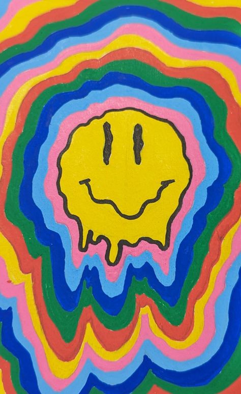 Trippy Drippy Art, Trippy Smiley Face, Drippy Smiley Face, Workshop Painting, Rainbow Smiley Face, Trippy Rainbow, Ep Cover, Sip N Paint, Doodle Ideas