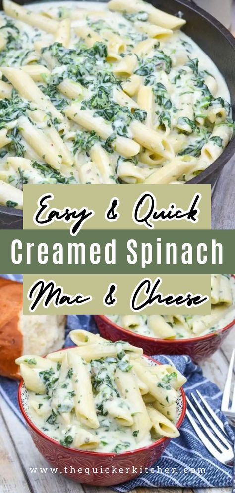 Creamed spinach mac and cheese is the easiest way to convince your picky eaters to eat more greens! This easy mac and cheese recipe comes together in 20 minutes making it perfect for the busiest of nights. You don’t want to miss this recipe! Save this recipe from thequickerkitchen.com today. Creamed Spinach Mac And Cheese, Easy Mac And Cheese Recipe, Eat More Greens, Spinach Mac And Cheese, White Mac And Cheese, Easy Mac N Cheese Recipe, Cheese Manicotti, Healthy Mac N Cheese, Easy Mac And Cheese