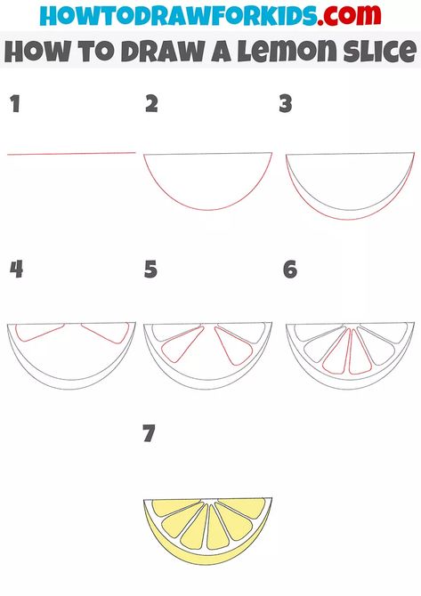 How To Draw Lemon Slices, Citrus Drawing Simple, How To Draw Lemons Easy, Drawing Lemons Easy, Lemon Slices Drawing, Lemon Doodle Drawing, How To Draw Orange Step By Step, Simple Lemon Drawing, How To Draw A Watermelon