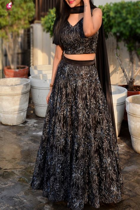 Black Embroidered Net Lehenga with Padded Blouse and Cut Work Stole Netted Crop Tops For Lehenga, Lehenga Blouse Designs Crop Tops Sleeveless, Sleeveless Crop Top Lehenga, Black Crop Top Lehenga, Black Net Lehenga, Lehanga Blouses Modern Design, Colorful Prom Dresses, Lengha Blouse Designs, Long Anarkali Gown