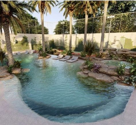 Natural Design Pool, Pool Ideas Inground Landscaping, Arizona Landscape Backyard, Pool Bottom Colors, Small Lagoon Pool, Pond Pools Backyard, Pool In Small Backyard, Lagoon Pool Backyard, Natural Swimming Pool Designs