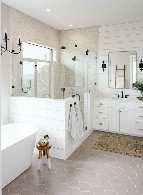 white shiplap on the wall behind the vanity gray honeycomb tiles on the flor cobble stone in the shower farmhouse bathroom ideas New House Bathroom, House Bathrooms, Master Bath Remodel, Modern Farmhouse Bathroom, Bathroom Remodel Shower, Farmhouse Bathroom Decor, Stylish Bathroom, House Bathroom, Bathroom Remodel Master