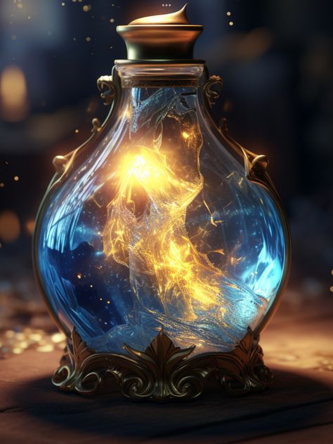 Blue Alchemy Aesthetic, Time Powers Magic, Fantasy Magic Item Art, Magic Relics, Potion Bottles Aesthetic, Potion Aesthetic, Lightning Magic, Magical Bottle, Magic Attack