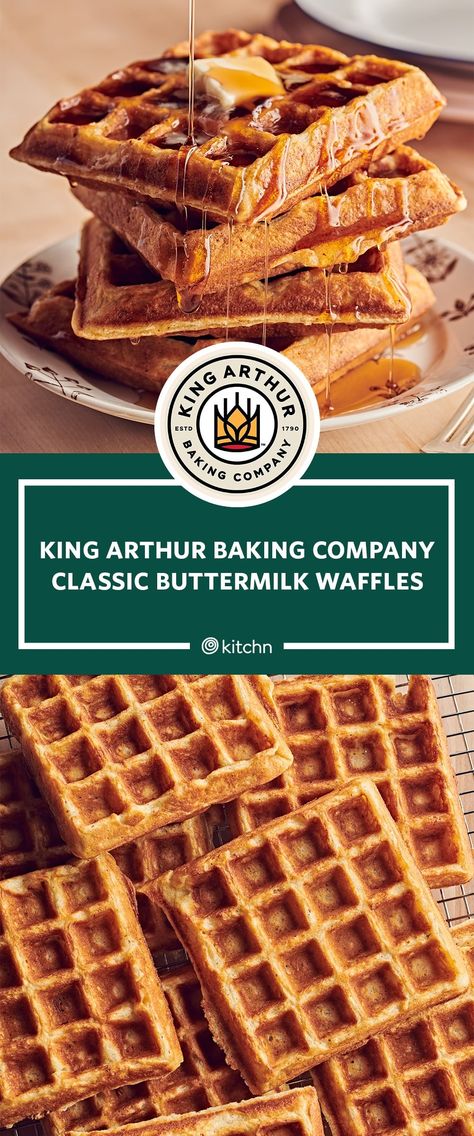 The very best homemade waffles should have crisp, golden-brown outsides and tender, pillowy insides, with a balanced flavor that’s a tiny bit rich and buttery and not too sweet. We tested four popular waffle recipes to find the best one: Here's our review of King Arthur Baking Company's Classic Buttermilk Waffles. Best Buttermilk Waffles, King Arthur Waffle Recipe, Buttermilk Waffles Belgian, Waffle Recipe Buttermilk, Waffle Bar Ideas Brunch Party, King Arthur Pancakes, Waffles Buttermilk, Waffle Charcuterie Board, Buttermilk Waffle Recipe