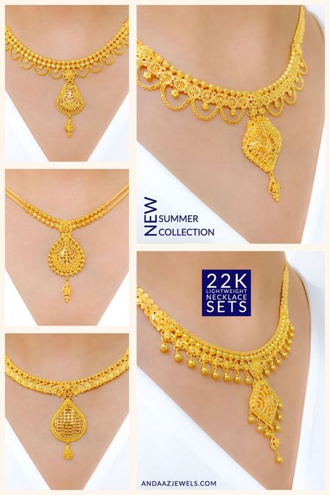 22k Gold Traditional Indian Necklace Sets Andaaz Jewelers New Necklace Designs, Elegant Gold Necklace, Wedding Jewellery Designs, Unique Gold Jewelry Designs, Delicate Gold Jewelry, Neck Pieces Jewelry, Gold Earrings Models, Beautiful Gold Necklaces, Jewelry Set Design