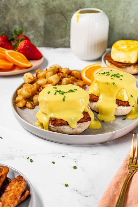 Vegan Benedict, Vegan Hollandaise, Vegan Hollandaise Sauce, Soft Tofu, Eggs Benedict Recipe, Tempeh Bacon, Vegan Worcestershire Sauce, Vegan Brunch, Lemon Muffins