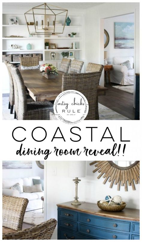 Coastal Dining Room REVEAL!!! - artsychicksrule.com #coastaldecor #coastalstyle #coastaldiningroom #golddecor Coastal Dining Room, Coastal Style Decorating, Coastal Dining, Coastal Living Rooms, Beach Cottage Style, Rooms Reveal, Dining Room Design, Beach House Decor, Belleza Natural