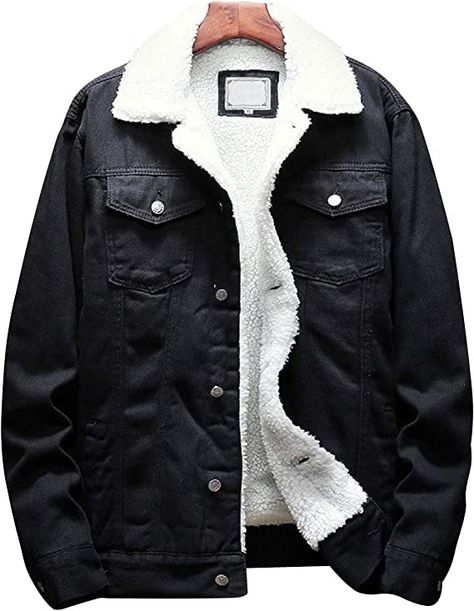 Winter Jeans Jacket, Fleece Denim Jacket, Casual Denim Jacket, Denim Jacket Winter, Coats Black, Jean Jacket Men, Lined Denim Jacket, Winter Jeans, Black Denim Jacket