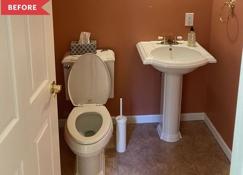 Before: Half bathroom with dark orange walls, white pedestal sink, and beige floors Grey Tile Pattern, Dark Grout, Ikea Pax Hack, Cement Tile Floor, Fen Shui, Bold Tile, Bathroom Apartment, Ikea Pax Wardrobe, Bathroom Artwork