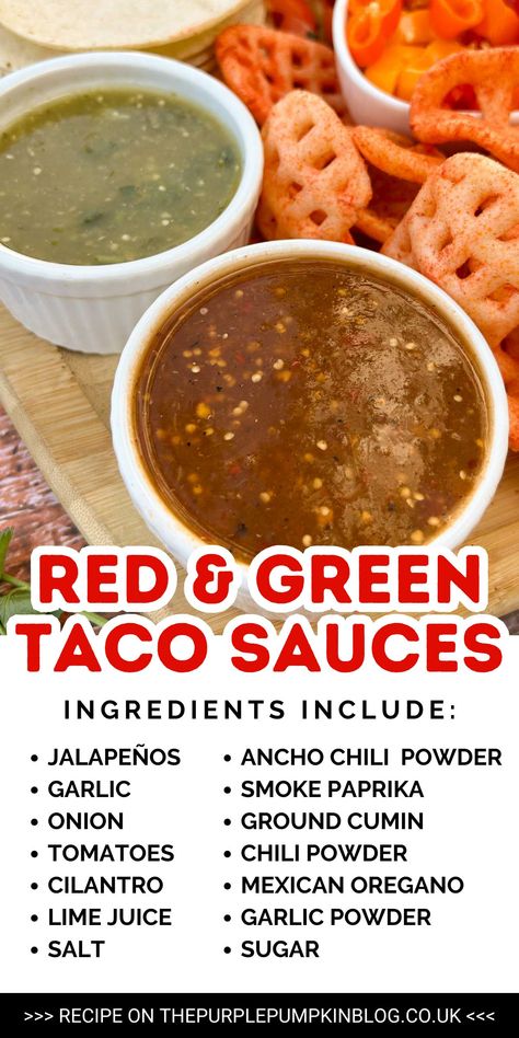 Spice up your tacos with these Mexican sauce recipes for tacos! The green Mexican sauce offers a zesty, spicy flavor, while the red Mexican sauce brings a rich, savory taste. These homemade sauces are ideal for drizzling on tacos, dipping chips, or adding to other Mexican dishes. Made with fresh, simple ingredients, they bring the authentic taste of Mexico to your table. Visit The Purple Pumpkin Blog for the recipes. Mexican Taco Dip Recipes, Red Sauce For Tacos, Mexican Red Sauce For Tacos, Taco Truck Green Sauce, Sauce For Street Tacos, Mexican Sauces For Tacos, Street Tacos Sauce, Street Taco Sauce Recipe, Taco Dipping Sauce