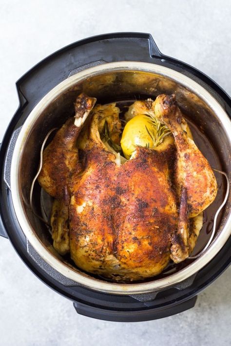 How to cook a whole chicken in an Instant Pot. One of the best simple Instant Pot recipes to learn! This rotisserie-style Instant Pot whole roast chicken recipe is easy to make, even if you are a beginner with using your pressure cooker. Cook from fresh or frozen. It's perfect for Sunday dinner or to make ahead for quick healthy meals throughout the week! Chicken In Instant Pot, Chicken In An Instant Pot, Cook A Whole Chicken, Frozen Chicken Recipes, Pot Image, Cooking Whole Chicken, Whole Chicken Recipes, Whole Roasted Chicken, Healthy Instant Pot Recipes